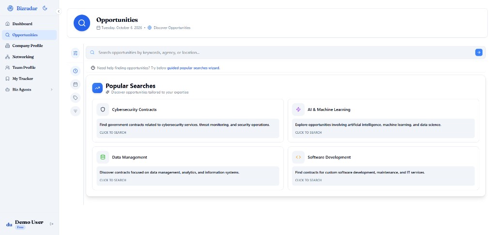 The Bizradar Opportunities screen, with a search bar and popular searches for cybersecurity, AI and machine learning, data management and software development contracts